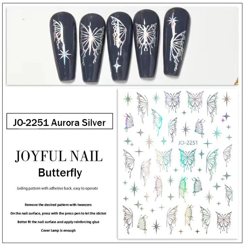 Metallic Black Butterfly 3D Nail Stickers – Dark Style Charms, Lace, Moon & Star Foil Decals