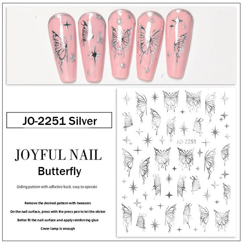 Metallic Black Butterfly 3D Nail Stickers – Dark Style Charms, Lace, Moon & Star Foil Decals