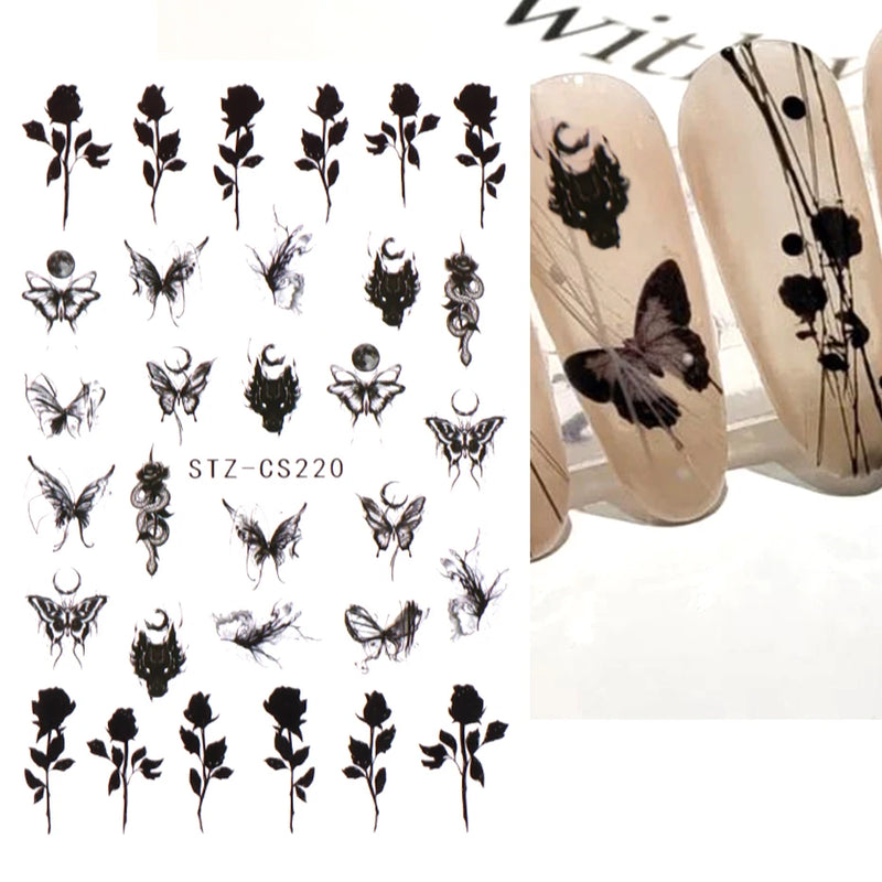 Metallic Black Butterfly 3D Nail Stickers – Dark Style Charms, Lace, Moon & Star Foil Decals