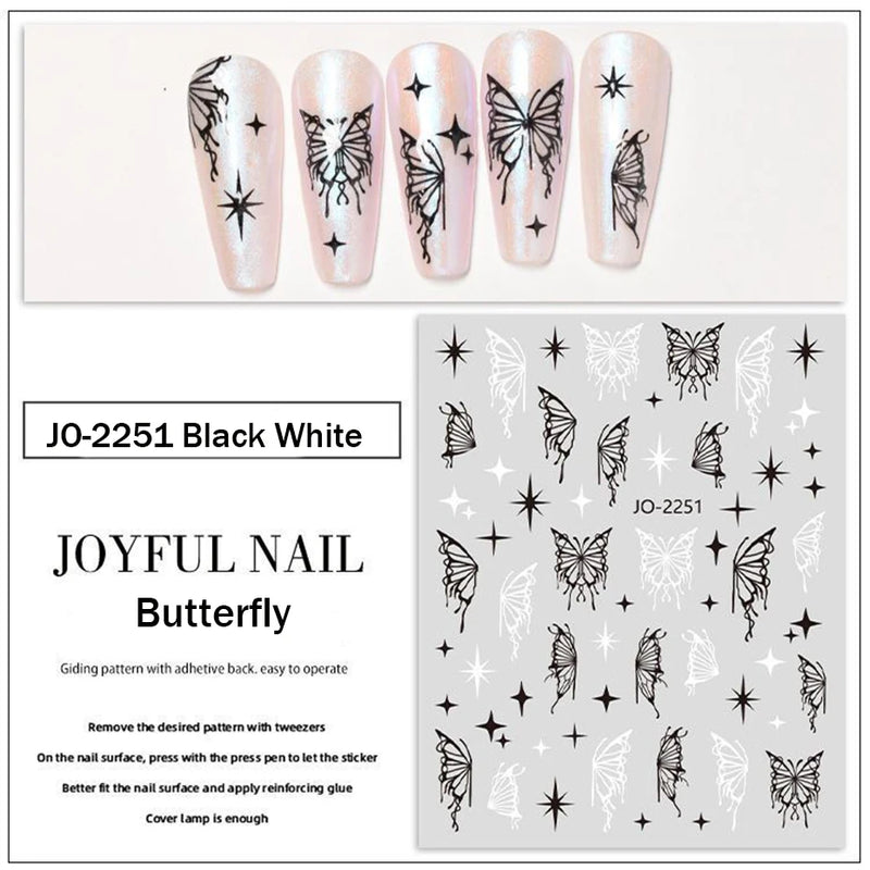 Metallic Black Butterfly 3D Nail Stickers – Dark Style Charms, Lace, Moon & Star Foil Decals