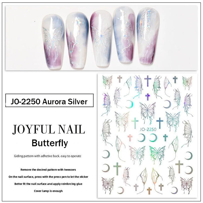 Metallic Black Butterfly 3D Nail Stickers – Dark Style Charms, Lace, Moon & Star Foil Decals