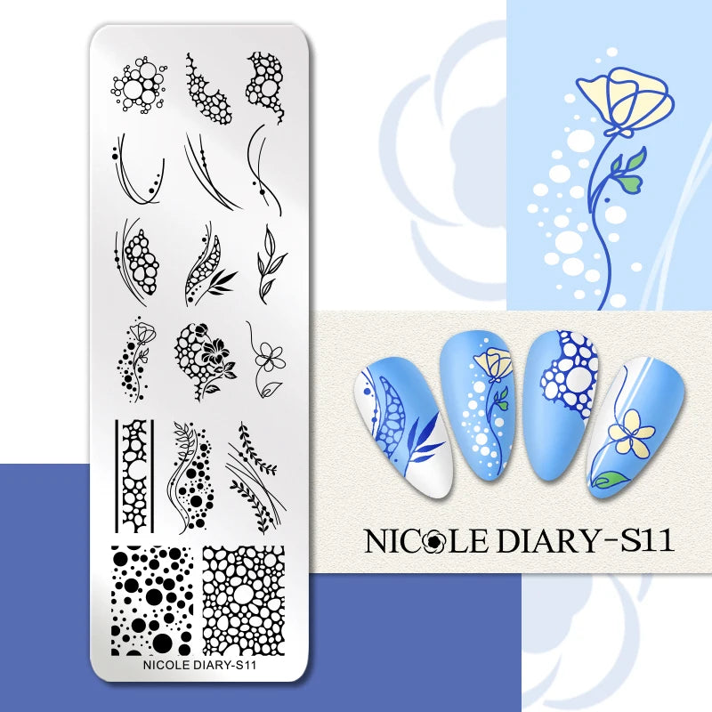 NICOLE DIARY Nail Stamping Plate – Leaves, Flowers, Geometric Stripes & More- Nail Art Stencil