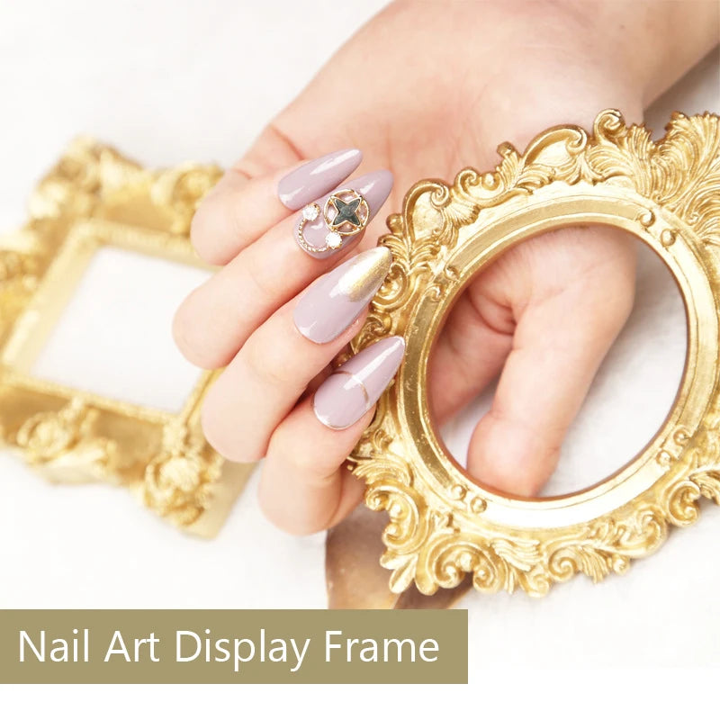 Retro Nail Tips Oval Showing Photo Prop, Gold Hollow Frame, European Style Nail Art Gel Polish