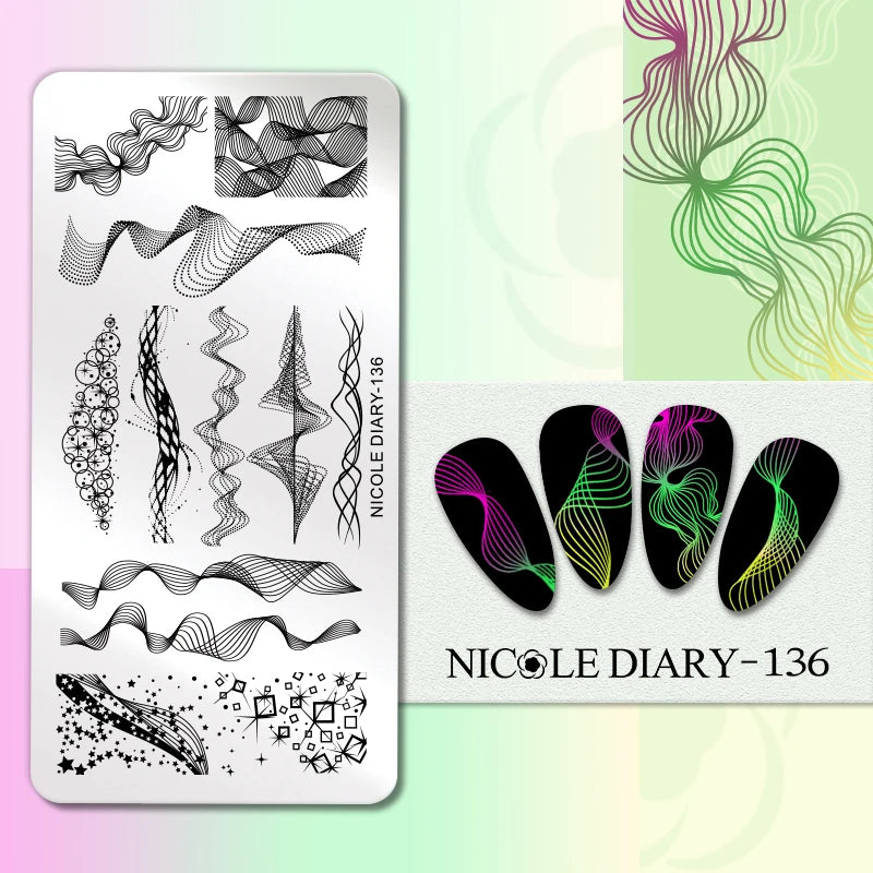 NICOLE DIARY Nail Stamping Plate – Leaves, Flowers, Geometric Stripes & More- Nail Art Stencil