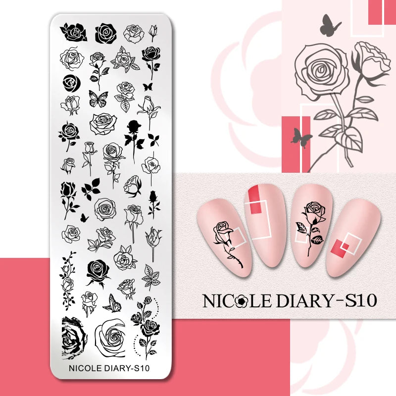 NICOLE DIARY Nail Stamping Plate – Leaves, Flowers, Geometric Stripes & More- Nail Art Stencil