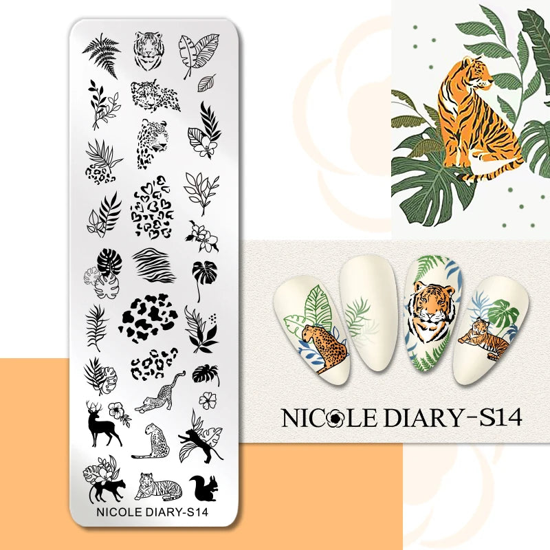 NICOLE DIARY Nail Stamping Plate – Leaves, Flowers, Geometric Stripes & More- Nail Art Stencil