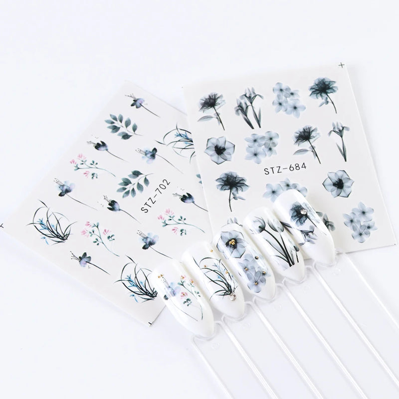 24 Sheets/sets Spring Nail Water Sticker Flowers Leaves Graffiti Slider Summer Bloom Colorful Plant