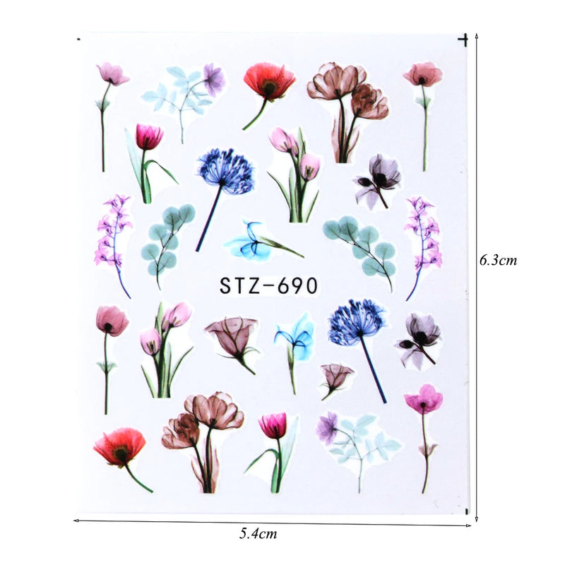 24 Sheets/sets Spring Nail Water Sticker Flowers Leaves Graffiti Slider Summer Bloom Colorful Plant