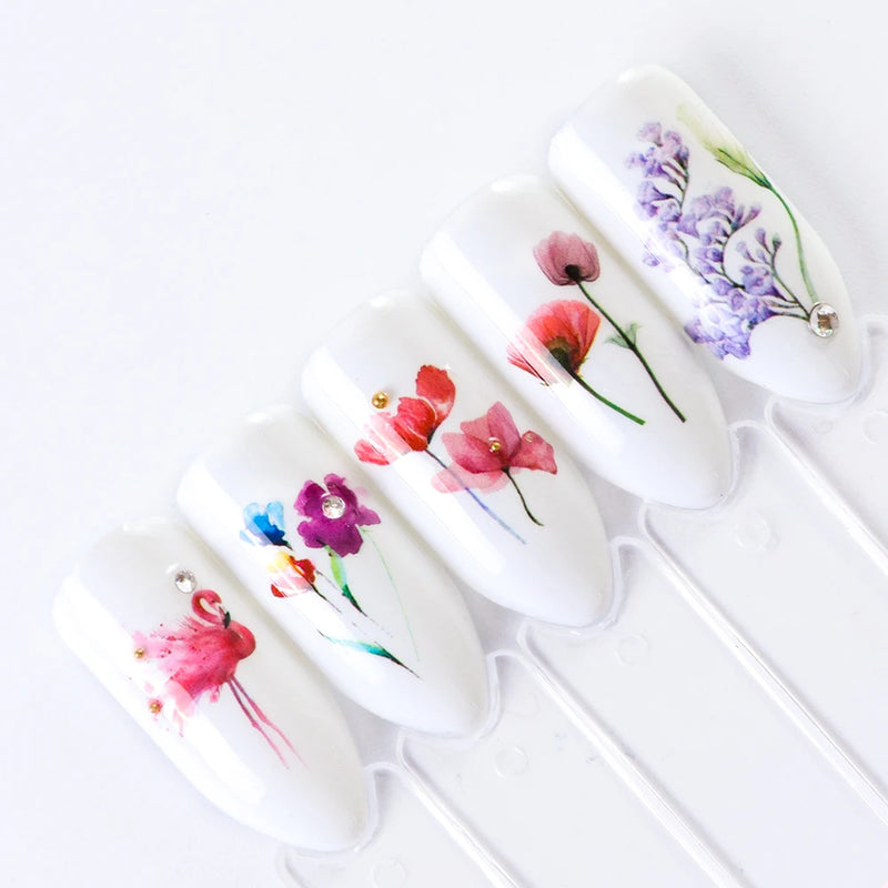 24 Sheets/sets Spring Nail Water Sticker Flowers Leaves Graffiti Slider Summer Bloom Colorful Plant