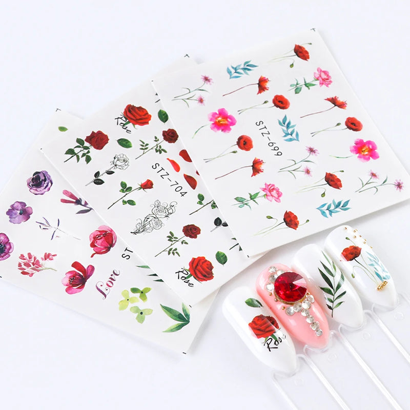 24 Sheets/sets Spring Nail Water Sticker Flowers Leaves Graffiti Slider Summer Bloom Colorful Plant