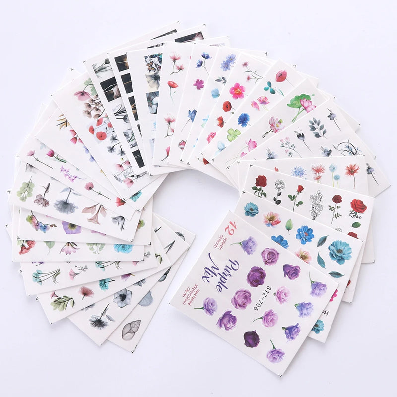 24 Sheets/sets Spring Nail Water Sticker Flowers Leaves Graffiti Slider Summer Bloom Colorful Plant