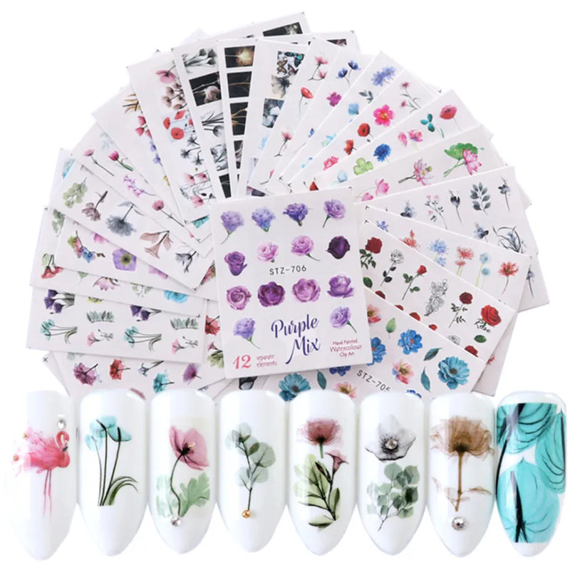 24 Sheets/sets Spring Nail Water Sticker Flowers Leaves Graffiti Slider Summer Bloom Colorful Plant