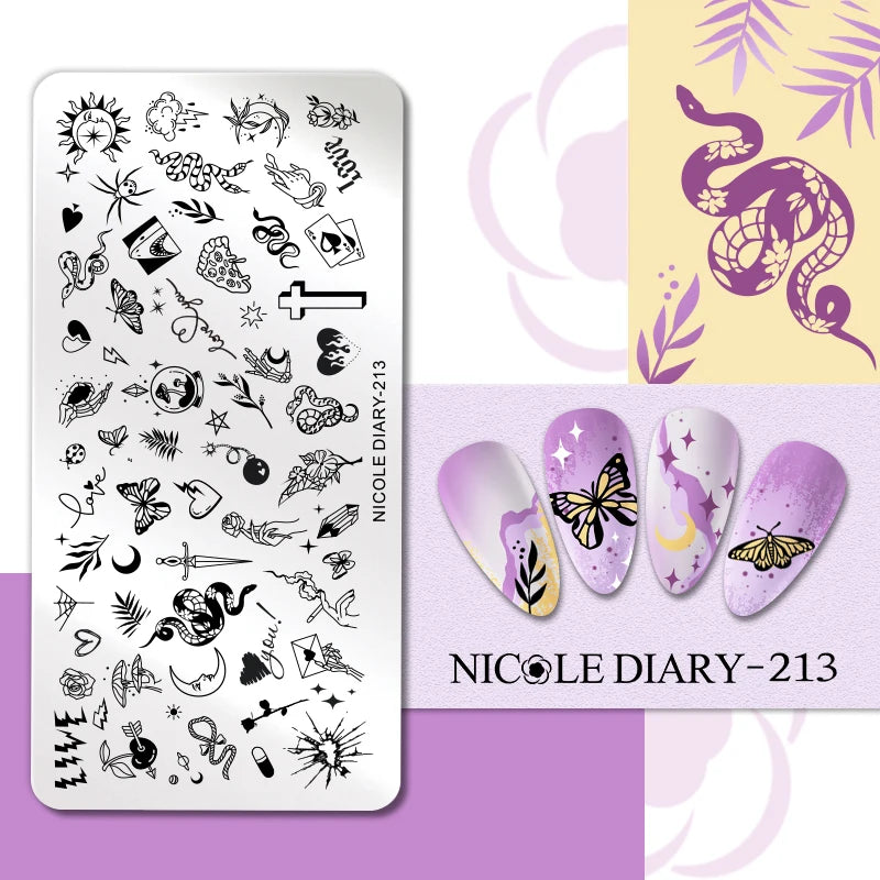 NICOLE DIARY Nail Stamping Plate – Leaves, Flowers, Geometric Stripes & More- Nail Art Stencil