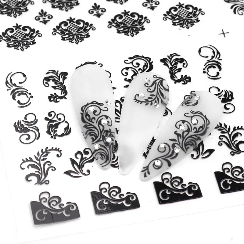 12PCS / Set Black Nail Stickers Flower Leaf Necklace 3D Sliders Decal Gel Polish Sticker DIY Design