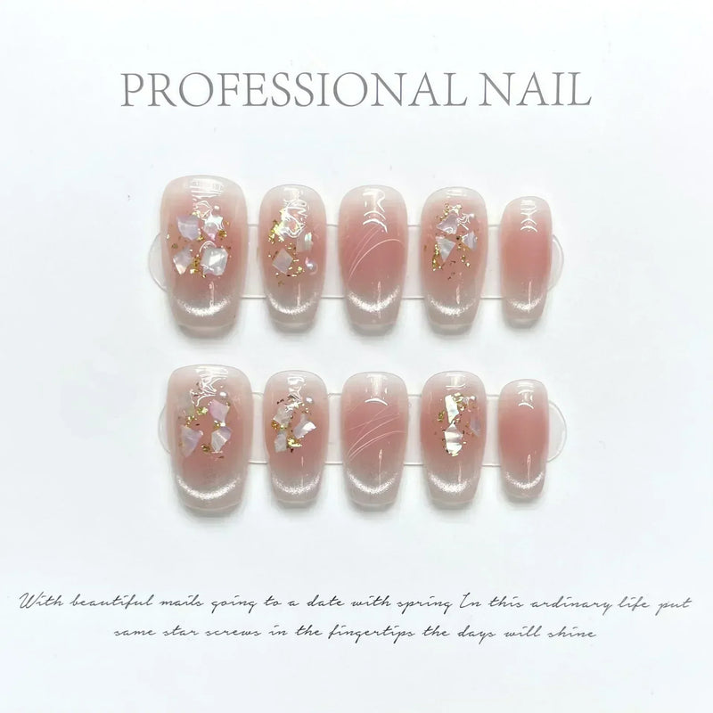 10Pcs Cat Eye Handmade Press-On Nails – Gradient French Ballerina Artificial Nail Tips