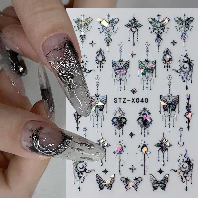 Metallic Black Butterfly 3D Nail Stickers – Dark Style Charms, Lace, Moon & Star Foil Decals