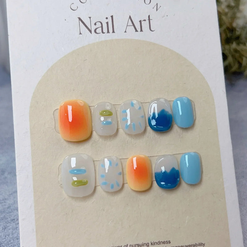 10Pcs Handmade Press-On Nails – Short, Sweet & Cool Full Cover Design, Round Head Fake Nails