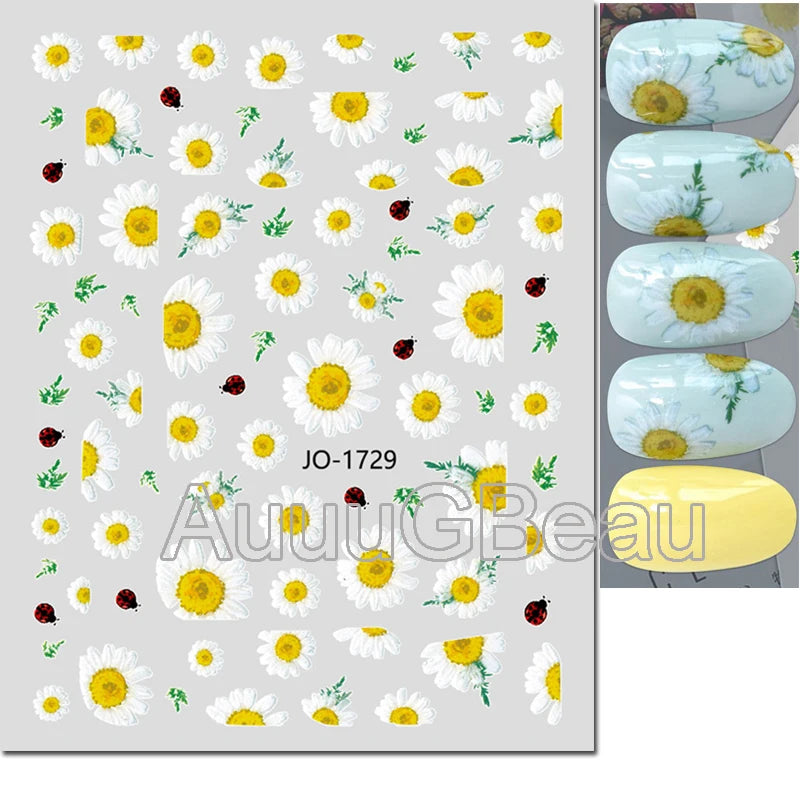 3d Nail Art Decals Summer Daisy Fruits White Florals Petals Flowers Adhesive Sliders Nail Stickers