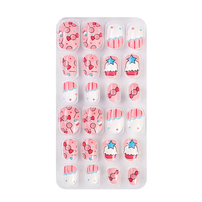 24Pcs Kids Press-On Nails – Cartoon Style, Full Cover Fake Nails, Stick-On Nail Decor for Girls