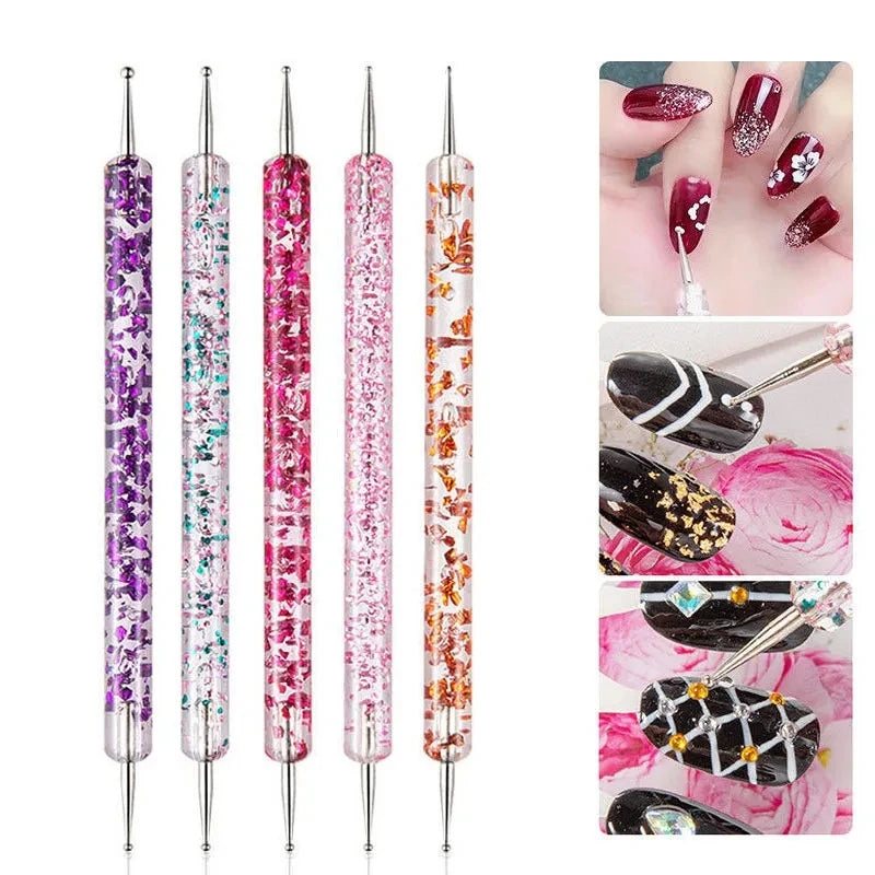 5Pcs Portable Nail Art Dotting Pen Set – Dual-Ended Crystal Handle Manicure Tools