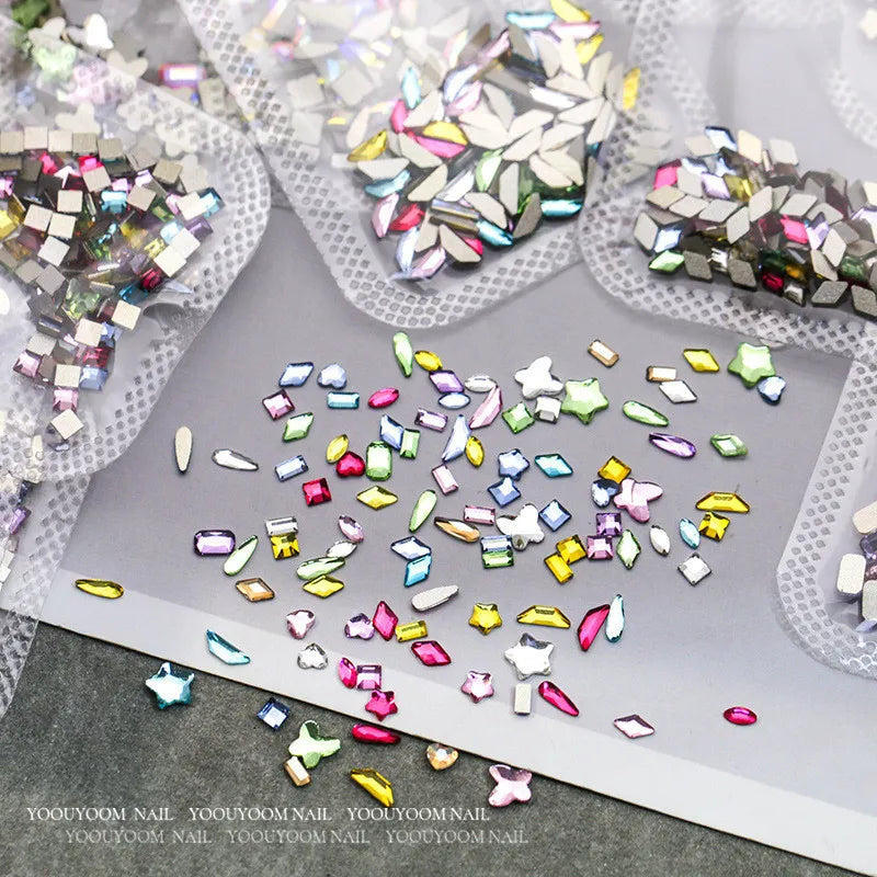 600/100pcs Mixed Shape Nail Rhinestones – Mini Flat Back Crystal Stones for 3D Nail Art Design