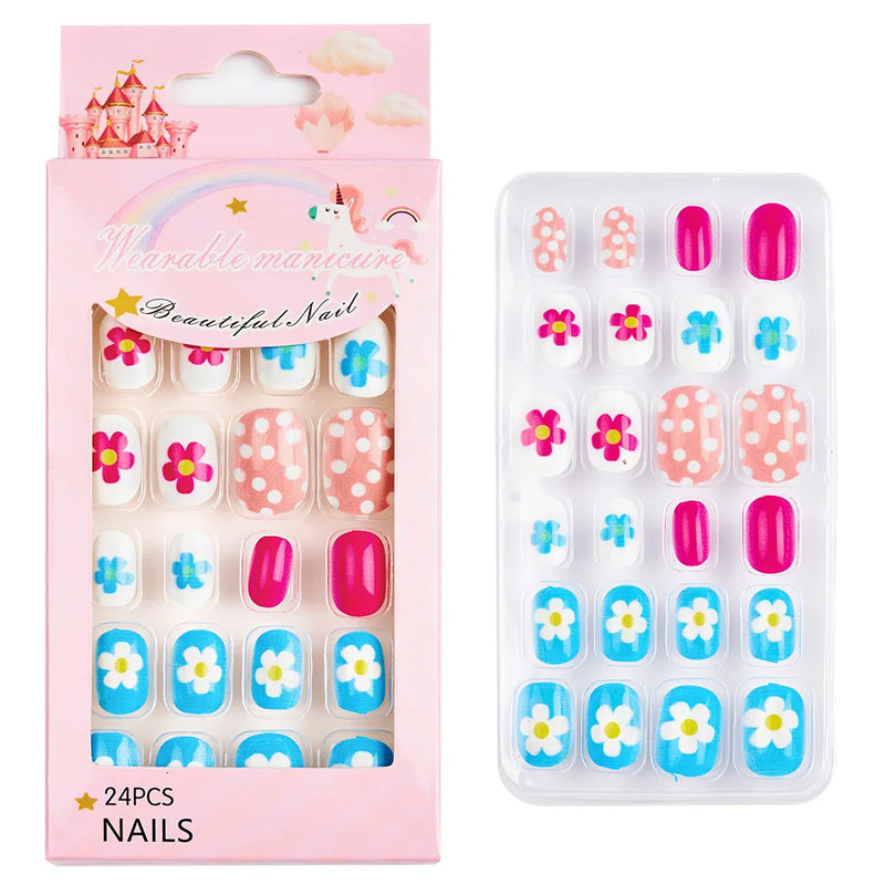 24Pcs Kids Press-On Nails – Cartoon Candy Design, Full Cover Fake Nails for Girls