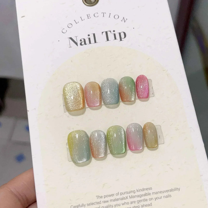 10Pcs Handmade Light Green Press-On Nails – Short Cat Eye Ballerina Full Cover Wearable Nail Tips