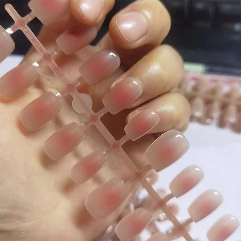 30Pcs French Gradient Short Coffin Nails – Nude Colour Full Cover Press-On Fake Nails