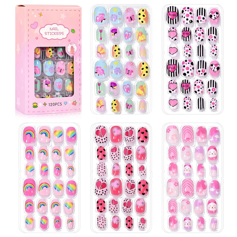 120PCS Pink Cartoon Press-On Nails for Kids – Unicorn, Cat, Bunny Full Cover False Nails