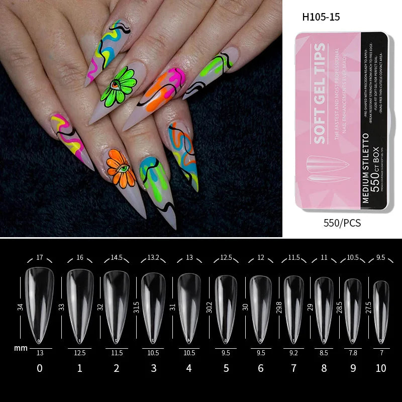 PINPAI Clear Acrylic Long Nail Tips – Full/Half Cover False Nail Tips (440/550 pcs)