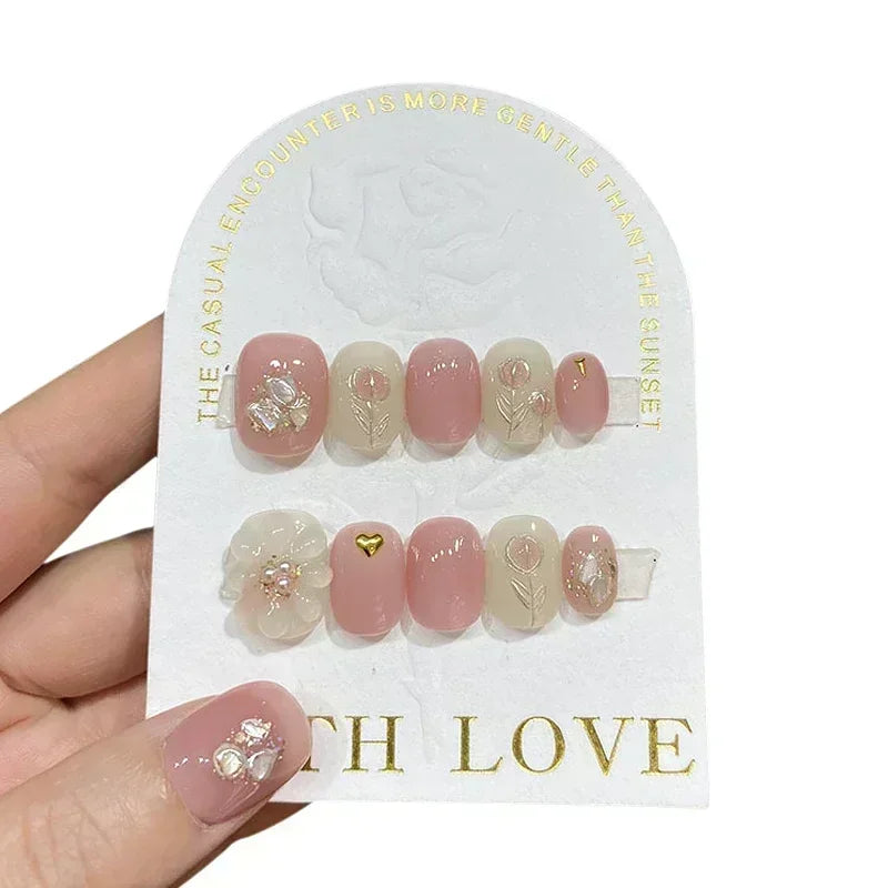 10Pcs Handmade Cute Press-On Nails – Short False Nails with 3D Star, Moon & Rhinestone Heart Design