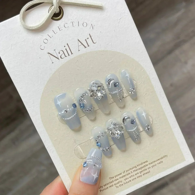 10Pcs Handmade Long Ballet Press-On Nails – Blue 3D Ocean Moon Rhinestone Full Cover Fake Nails