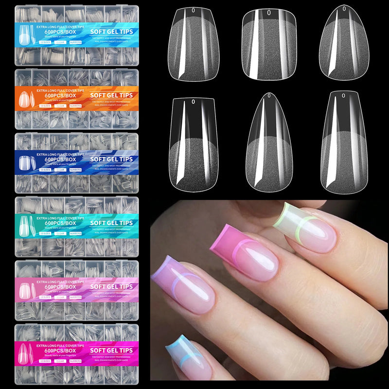 600Pcs Full Cover Press-On Nail Tips for Stiletto, Almond, Square, Coffin, and French Styles