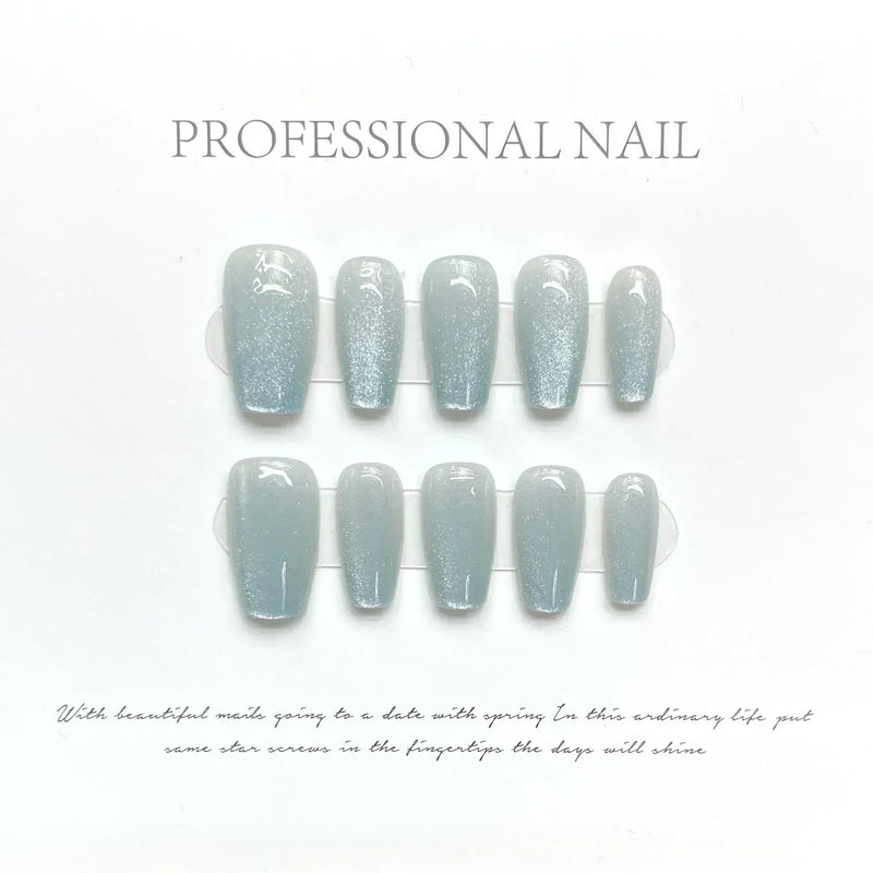 10Pcs Cat Eye Handmade Press-On Nails – Gradient French Ballerina Artificial Nail Tips