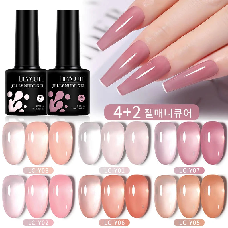 LILYCUTE 6PCS Translucent Jelly Gel Nail Polish Set – Nude Pink Semi-Permanent Soak-Off UV Gel