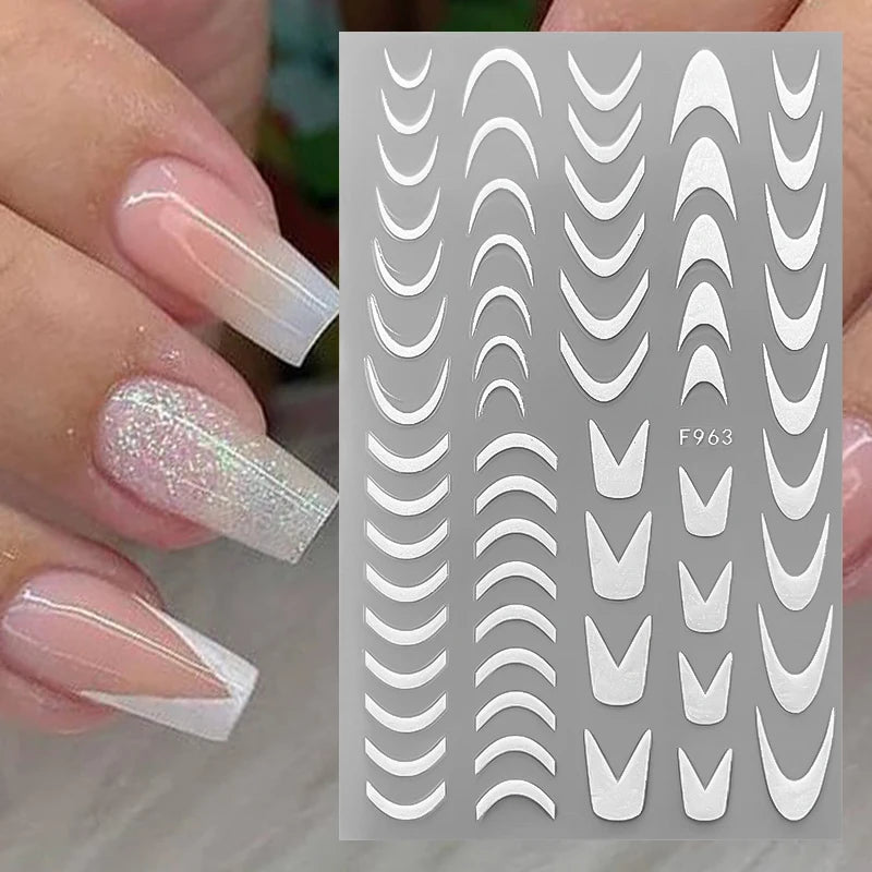 White French Tips 3D Stickers For Nails Silver Gold Stripes Geometric Wave Swirl Line Art Adhesive