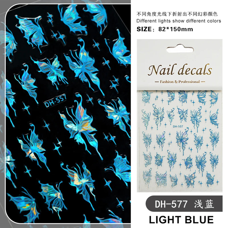 Metallic Black Butterfly 3D Nail Stickers – Dark Style Charms, Lace, Moon & Star Foil Decals