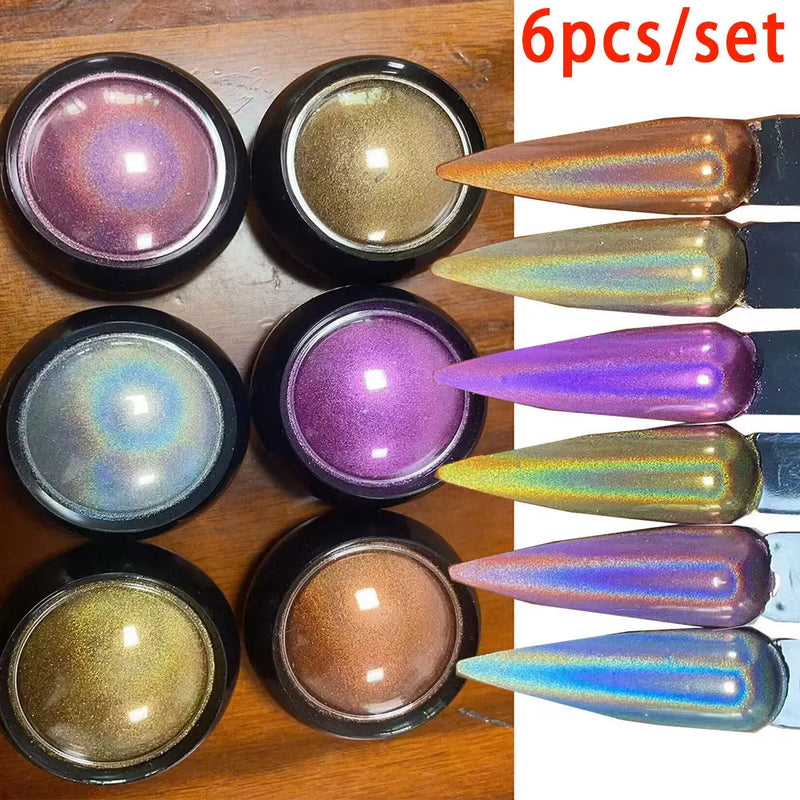 6Pcs Chrome Nail Powder Set – Metallic Mirror Holographic Glitter Rose Gold for DIY Nail Art