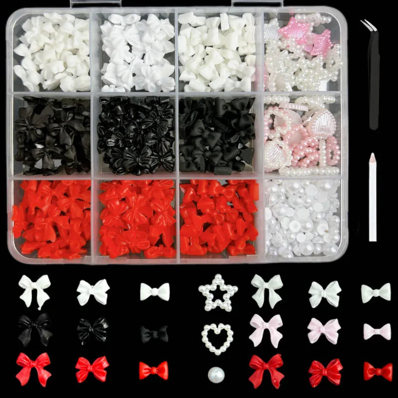 Mixed Acrylic 3D Nail Art Decorations - Flower Charms, Gold Beads, Caviar Pearls & Rhinestones