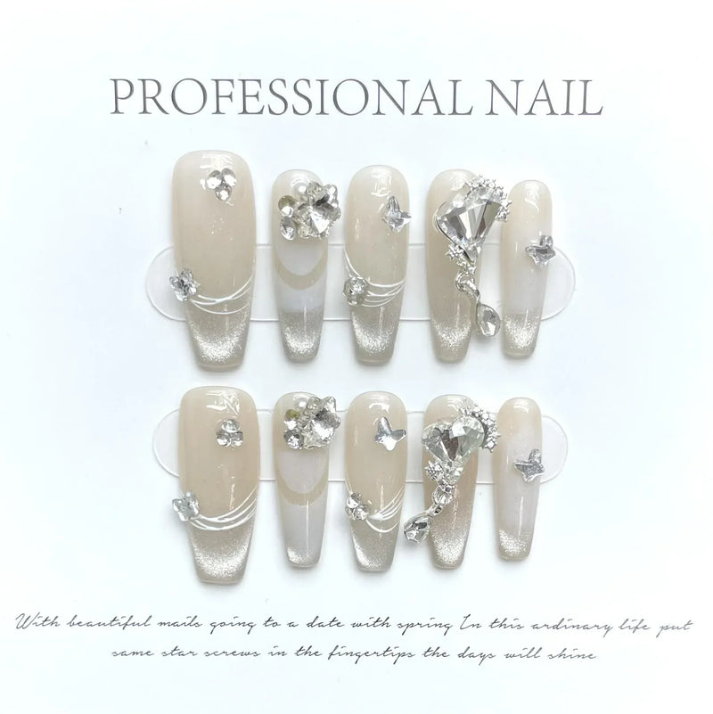 10Pcs Handmade Long Ballet Press-On Nails – Blue 3D Ocean Moon Rhinestone Full Cover Fake Nails