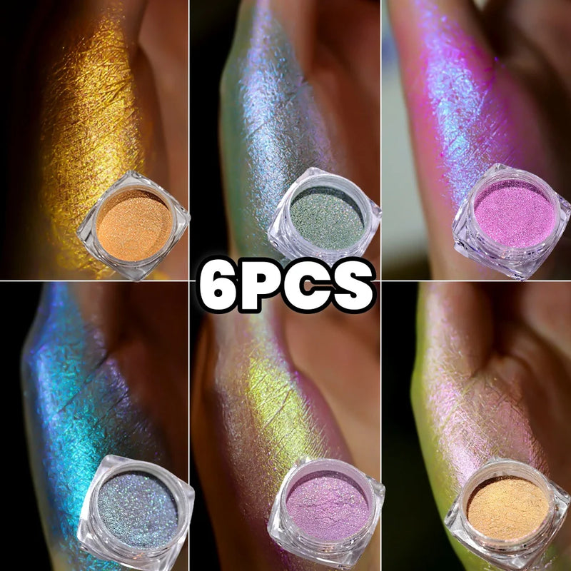 6-Piece Mirror Chrome Effect Nail Glitter – Holographic Metallic Dust for Stunning Nail Art