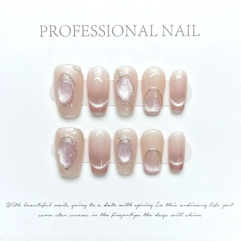 10Pcs Cat Eye Handmade Press-On Nails – Gradient French Ballerina Artificial Nail Tips