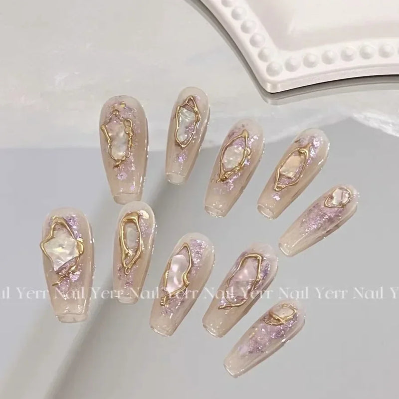 10Pcs Handmade Long Ballet Press-On Nails – Blue 3D Ocean Moon Rhinestone Full Cover Fake Nails