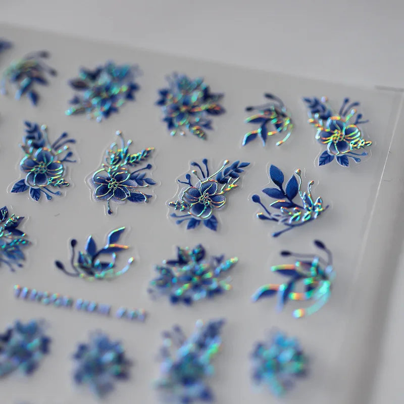 Acrylic Engraved Nail Sticker Holographi Blue Flowers Gold Line Self-Adhesive Nail Transfer Sliders