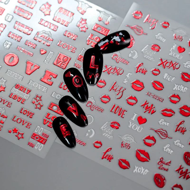 Valentine’s Day Nail Stickers – Red Lips & Love Heart Self-Adhesive Nail Decals (4/6/8/12 Pcs)