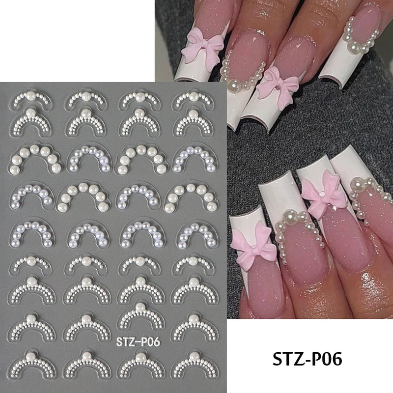 3D Rhinestone French Tip Nail Stickers – Gold & Silver Retro Wave Line Design for DIY Nail Art