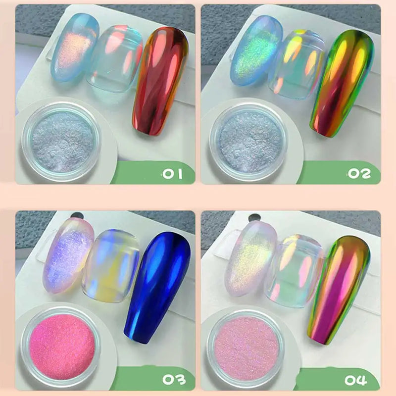 9 Colours Magic Aurora Chrome Nail Powder – Neon Chameleon Mirror Effect Glitter