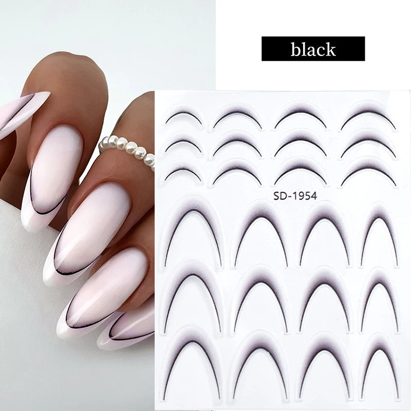 White & Black French Line Nail Stickers – 3D Gradient Stripe Sliders for Elegant Nail Art