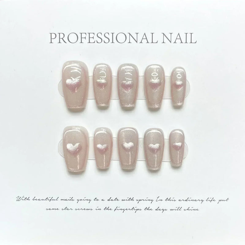 10Pcs Cat Eye Handmade Press-On Nails – Gradient French Ballerina Artificial Nail Tips