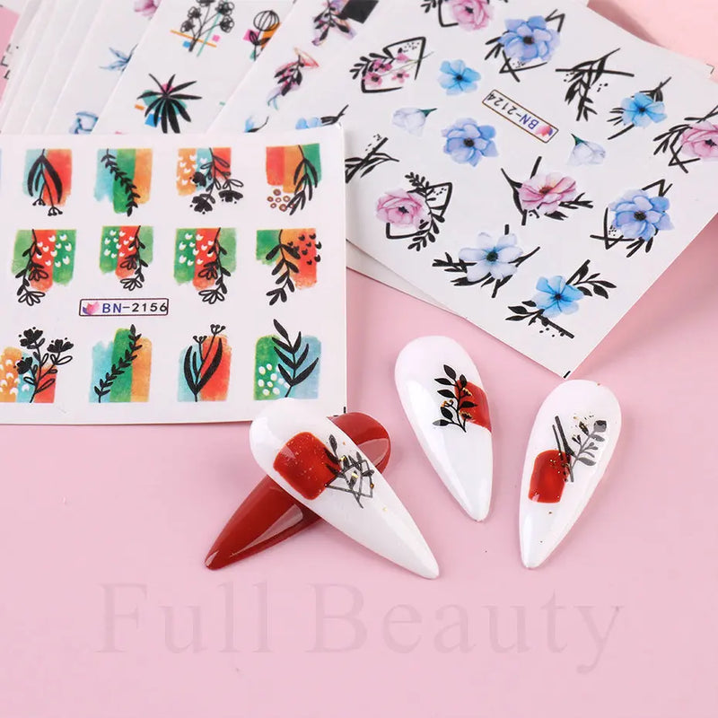 24pcs / Set Spring Summer nail Sticker Water Decal Nail Art Ink Flowers Leaves Graffiti Slider Nail